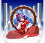  1girl female hair_ornament hisame_genta indian_style leaf leaf_hair_ornament leaf_on_head long_skirt mirror object_on_head onbashira one_eye_closed purple_hair red_eyes rope shimenawa sitting skirt solo touhou yasaka_kanako 