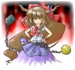  1girl ^_^ arnest belt blue_skirt blush bow bowtie brown_hair buckle chains closed_eyes female gourd hair_bow hands_on_hips horns ibuki_suika long_hair oni red_bow red_bowtie shirt skirt sleeveless sleeveless_shirt solo touhou very_long_hair white_shirt wrist_cuffs 