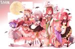  6+girls \o/ arms_up balancing book braid cat_teaser female flandre_scarlet full_moon hat hiruma_andon hong_meiling izayoi_sakuya jumping ke1rou knife koakuma maid moon multiple_girls object_on_head outstretched_arms patchouli_knowledge remilia_scarlet the_embodiment_of_scarlet_devil throwing_knife touhou tray weapon wings 
