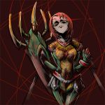  1girl bodysuit cowboy_shot glowing glowing_eyes juliet_nao_zhang looking_at_viewer my-otome nekomamire pale_skin parted_lips red_background red_eyes redhead silk simple_background solo spider_web standing teeth 