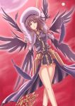  1girl bare_legs black_dress brown_eyes brown_hair dress dutch_angle expressionless hair_ornament looking_at_viewer lyrical_nanoha mahou_shoujo_lyrical_nanoha mahou_shoujo_lyrical_nanoha_strikers multiple_wings schwertkreuz solo staff standing wings x_hair_ornament yagami_hayate 