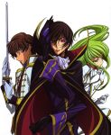  1girl 2boys black_hair brown_hair c.c. cape chiba_yuriko code_geass green_eyes highres kururugi_suzaku lelouch_lamperouge long_hair multiple_boys sword uniform violet_eyes weapon yellow_eyes 