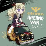  1girl blonde_hair blush boots burnout_paradise car chibi fire frills ground_vehicle lola lola_(venus_versus_virus) long_hair mole motor_vehicle open_mouth pocky ribbon riding solo takanashi thigh-highs vehicle venus_versus_virus violet_eyes 