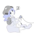  1girl blue female game_boy game_link_cable handheld_game_console kawashiro_nitori monochrome musical_note playing_games quaver simple_background solo speech_bubble spoken_musical_note torque touhou two_side_up video_game white_background 