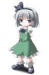  1girl arms_behind_back blue_eyes bobby_socks buttons dress female full_body green_dress hair_ribbon hairband konpaku_youmu looking_at_viewer mary_janes puffy_short_sleeves puffy_sleeves ribbon shoes short_hair short_sleeves silver_hair socks solo standing subaru_noji touhou white_legwear 