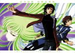  1girl 2boys black_hair brown_hair c.c. code_geass green_eyes green_hair kimura_takahiro kururugi_suzaku lelouch_lamperouge long_hair multiple_boys violet_eyes yellow_eyes 