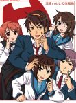  2girls 3boys asahina_mikuru asahina_mitsuru genderswap genderswap_(ftm) genderswap_(mtf) hairband koizumi_itsuki koizumi_itsuki_(female) kyon kyonko multiple_boys multiple_girls nagato_yuki nagato_yuuki ponytail school_uniform serafuku suzumiya_haruhi suzumiya_haruhi_no_yuuutsu suzumiya_haruhiko translated 