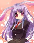  1girl animal_ears arms_behind_back blazer female jacket kobanzame lavender_hair long_hair necktie rabbit_ears red_eyes red_necktie reisen_udongein_inaba smile solo touhou 