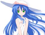  1girl bare_shoulders blue_hair collarbone dress floating_hair green_eyes hat izumi_kanata kamia_(not_found) long_hair lucky_star sleeveless sleeveless_dress solo sun_hat sundress very_long_hair white_dress wind 