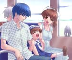  2boys 2girls :d ^_^ air antenna_hair blue_eyes blue_hair bow brown_eyes brown_hair clannad closed_eyes dress eating family furukawa_nagisa hair_bow happy hat kunisaki_yukito multiple_boys multiple_girls obentou okazaki_tomoya okazaki_ushio open_mouth sailor_dress school_uniform serafuku shirt sitting smile train train_interior white_dress zen 