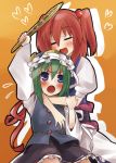  2girls blush brown_hair closed_eyes female green_hair hair_bobbles hair_ornament hat heart hug hug_from_behind kiji_(manekinuko-tei) multiple_girls onozuka_komachi open_mouth ribbon rod_of_remorse shiki_eiki short_hair short_twintails skirt sweatdrop touhou twintails violet_eyes 