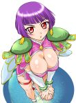  1girl 90s angel_links belt blush bob_cut boots bracelet breasts cleavage cleavage_cutout detached_sleeves dress earrings from_above gloves jewelry large_breasts leg_lift li_meifon purple_hair red_eyes short_hair shoulder_pads side_slit solo thigh_strap ueyama_michirou 