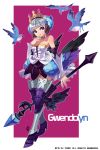  1girl armor armored_dress bf._(sogogiching) bird boots character_name crown dress gwendolyn odin_sphere polearm pteruges purple_background spear strapless strapless_dress weapon 