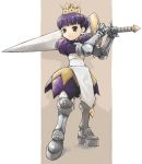  1girl armor armored_dress atlus boots brown_background crown gradriel gradriel_de_valendia hat knee_boots pota pota_(nabrinko) princess_crown purple_hair sword violet_eyes weapon 