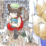  2girls animal_ears brown_hair cat cat_ears cat_food cat_tail chen earrings female fox_tail hat jewelry lowres multiple_girls multiple_tails satsuki_hare_shin satsuki_harunobu short_hair tail touhou yakumo_ran 