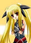  1girl :o bad_id bare_shoulders belt black_dress blonde_hair buckle dress fate_testarossa gauntlets looking_at_viewer lyrical_nanoha mahou_shoujo_lyrical_nanoha mahou_shoujo_lyrical_nanoha_a&#039;s natsuzakura_yuuki open_mouth red_eyes sidelocks simple_background solo yellow_background 