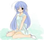  1girl bad_id blue_hair bow dress long_hair sitting solo wariza 