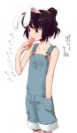  1girl 7c alternate_hairstyle animal_ears carrot casual female flat_chest hand_in_pocket inaba_tewi naked_overalls overalls ponytail pun rabbit_ears solo suspenders touhou 