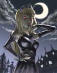  1girl blonde_hair breasts glowing glowing_eyes hime_(kaibutsu_oujo) impossible_clothes impossible_shirt kaibutsu_oujo medium_breasts moon red_eyes shirt solo ueyama_michirou 