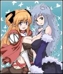  2girls :3 aliasing amayu animal_ears artist_name breast_press breasts butt_crack capelet cat_ears cleavage creator crossover detached_sleeves fur_trim grey_hair large_breasts long_hair looking_at_viewer multiple_girls no_bra oekaki orange_hair pointy_ears ragnarok_online sidelocks simple_background stalker symmetrical_docking very_long_hair waist_cape yuri 