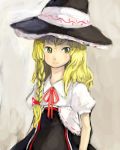  1girl binayu blonde_hair braid brown_background capelet expressionless female green_eyes hat kirisame_marisa looking_at_viewer puffy_short_sleeves puffy_sleeves red_ribbon ribbon short_sleeves simple_background single_braid solo touhou witch_hat 