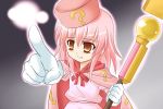  1girl benesse fang hat hatena_yousei lyrical_nanoha mahou_shoujo_lyrical_nanoha mahou_shoujo_lyrical_nanoha_strikers orange_eyes parody pink_hair pink_hat solo tadokoro_teppei 