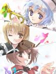  3girls blonde_hair coco_(artist) female instrument lunasa_prismriver lyrica_prismriver merlin_prismriver multiple_girls musical_note one_eye_closed quaver siblings sisters touhou trumpet violin wink 