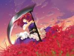  1girl alternate_weapon ayase_hazuki blurry bow clouds depth_of_field dutch_angle evening female field flower flower_field hair_bobbles hair_bow hair_ornament japanese_clothes long_hair looking_up onozuka_komachi red_eyes redhead scythe short_sleeves sky solo spider_lily star star_(sky) starry_sky touhou twilight twintails weapon wind 