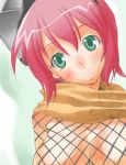  1girl breasts cleavage fishnet_top fishnets gouma_reifuden_izuna green_eyes izuna ninja pink_hair scarf solo yohane 