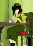  1girl 90s beret bishoujo_senshi_sailor_moon black_hair bob_cut chair chin_rest dress female footwear green_dress hat hino_ryutaro plant shirt sitting socks solo striped striped_shirt tea tomoe_hotaru violet_eyes 