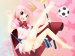  1girl ball benesse cup eraser feet fourthcape hat hatena_yousei misaki_takahiro mug panties pantyshot pink_hat soccer_ball solo thigh-highs toothbrush underwear 