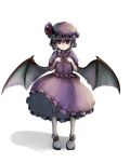  1girl bat_wings bow female full_body gatau hands_on_own_chest hat hat_bow looking_at_viewer pink_hair red_eyes remilia_scarlet shirt short_hair simple_background skirt skirt_set slippers smile solo standing straight_hair touhou white_background wings 
