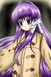  1girl buttons clannad coat fujibayashi_kyou hair_intakes hair_ribbon long_hair long_sleeves natsuzakura_yuuki purple_hair ribbon sidelocks solo striped vertical_stripes very_long_hair violet_eyes 
