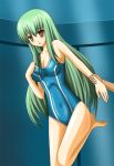  1girl barefoot blue_swimsuit breasts c.c. cleavage code_geass covered_navel green_hair large_breasts long_hair natsuzakura_yuuki one-piece_swimsuit solo_focus swimsuit very_long_hair wrist_grab 