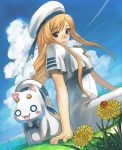  1girl alicia_florence aria aria_pokoteng arm_support blonde_hair blue_eyes cat clouds condensation_trail dandelion dutch_angle flower grass hat hirokiku insect ladybug long_hair looking_at_viewer outdoors short_sleeves sitting sky solo 