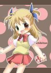  1girl :d blonde_hair blush chibitan gift hair_ribbon heterochromia looking_at_viewer lyrical_nanoha mahou_shoujo_lyrical_nanoha mahou_shoujo_lyrical_nanoha_strikers miniskirt open_mouth pleated_skirt ribbon shirt short_sleeves skirt smile solo sweater_vest tareme two_side_up vivio white_shirt 