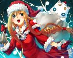  1girl :d alicia_florence aria aria_pokoteng bad_id blonde_hair blue_eyes braid capelet cat christmas gloves hat hirokiku open_mouth red_gloves sack santa_costume santa_hat sidelocks smile solo 