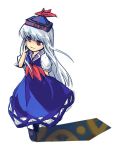  1girl blue_dress boots brown_boots dress female full_body hat kamishirasawa_keine kerchief knee_boots long_hair puffy_short_sleeves puffy_sleeves red_eyes short_sleeves silver_hair solo standing tate_eboshi touhou very_long_hair 