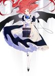  1girl abstract_background apron bangs bat_wings black_dress black_footwear blue_bow book bow bowtie collared_shirt demon_girl demon_tail demon_wings dress floating floating_hair grey_background head_wings holding holding_book koakuma long_dress long_hair looking_at_viewer maid_apron parted_bangs parted_lips petticoat pointy_ears puffy_sleeves red_eyes redhead shirt solo tail tian_(my_dear) touhou very_long_hair white_background white_legwear wings wrist_cuffs 