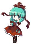  1girl bangs blunt_bangs boots bow brown_boots dollar dress female front_ponytail green_eyes green_hair hair_bow kagiyama_hina knee_boots looking_at_viewer lowres puffy_short_sleeves puffy_sleeves red_bow red_dress short_sleeves simple_background solo standing touhou white_background wrist_cuffs 