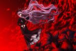  1girl black_dress clouds dress dutch_angle eyepatch flower hands_together ifuji_shinsen long_hair original own_hands_together petals purple_hair red red_eyes red_sky sky solo very_long_hair white_hair 