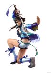  1girl ass brown_eyes brown_hair butt_crack chai_xianghua closed_mouth full_body highres holding holding_sword holding_weapon kneeling midriff official_art ribbon shoes short_hair short_shorts shorts simple_background smile socks solo soul_calibur soulcalibur soulcalibur_iv sword weapon white_background 