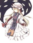  1girl aikata blonde_hair bow clenched_hand dress eyes female gap hair_bow hat hat_ribbon index_finger_raised long_dress long_hair lying mob_cap puffy_sleeves red_bow red_ribbon ribbon solo tabard touhou white_background white_dress white_hat yakumo_yukari yellow_eyes 