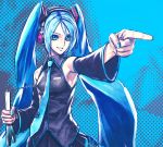  1girl aqua_eyes aqua_hair aqua_nails armpits bare_shoulders detached_sleeves flat_chest hatsune_miku headset iwai_ryou long_hair nail_polish necktie nunchaku nunchucks pointing skirt smile solo spring_onion twintails very_long_hair vocaloid weapon 