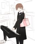  bag brown_hair closed_eyes coat instrument keyboard keyboard_(instrument) music ooji original short_hair 