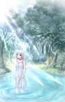 bekkankou choker elf fairy forest green_eyes highres insect_wings light_rays long_hair nature pointy_ears purple_hair reflection ripples sunbeam sunlight wading water wings 