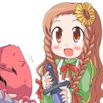  1girl abigail abigail_(sekaiju_no_meikyuu) aliasing atlus braid flower geetsu sekaiju_no_meikyuu solo sunflower sword twin_braids weapon 