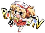  1girl :d ascot blonde_hair chibi collar demon_wings dress female flandre_scarlet frills hat herada_mitsuru kneehighs mob_cap open_mouth outstretched_arms puffy_short_sleeves puffy_sleeves red_dress short_sleeves side_ponytail simple_background smile solo touhou white_background white_legwear wings 