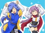  2boys angelous_lazward blue_hair caramelldansen eyepatch fang follower_(yagisaka_seto) lowres male_focus md5_mismatch multiple_boys oekaki original purple_hair scarf sovereign_(yagisaka_seto) thigh-highs trap yagisaka_seto 