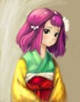  1girl bangs binayu blunt_bangs blush female flower hair_flower hair_ornament hairpin hakama hakama_skirt heida_no_akyuu hieda_no_akyuu japanese_clothes kimono long_sleeves looking_at_viewer miko perfect_memento_in_strict_sense purple_hair red_hakama red_skirt short_hair skirt solo touhou violet_eyes 